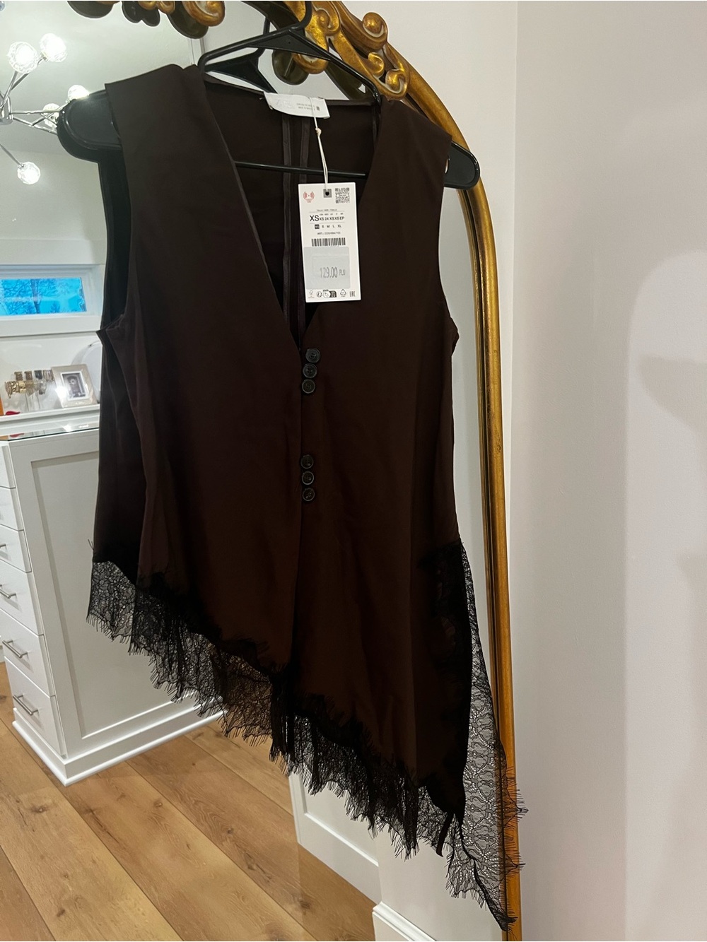 Zara Brown Sleeveless Lace-Trim Vest